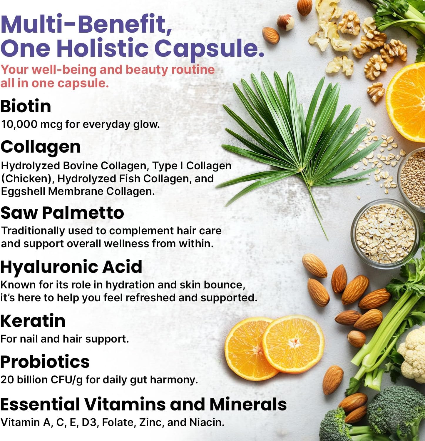 27-in-1 Hair Skin and Nails Vitamins (6810mg) with Biotin 10000mcg - Collagen Supplements for Men and Women - Keratin Supplements with Probiotics and Saw Palmetto, 90ct