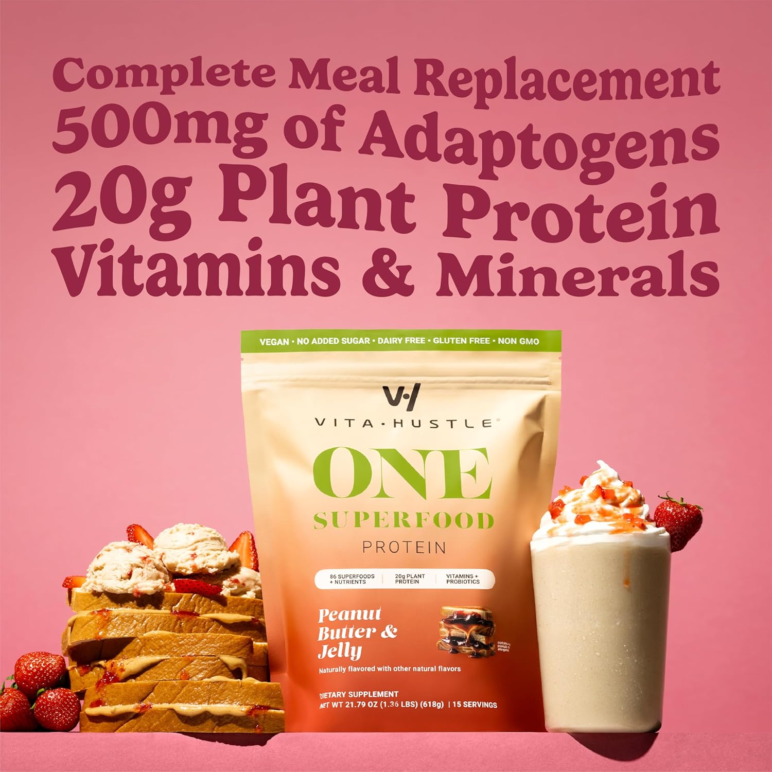 VitaHustle All-in-One Nutrition Shake, Peanut Butter & Jelly - Plant Based Protein Powder by Kevin Hart – Vegan Meal Replacement Shake with KSM66 Ashwagandha & 86+ Superfoods - Organic Meal Replacement Powder