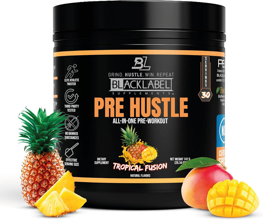 BLACKLABEL Supplements PRE Hustle V3 Pre-Workout Powder – NSF Certified for Sport – Energy, Strength & Endurance Support – Tropical Fusion Flavor – with Creatine & Caffeine – 30 Servings