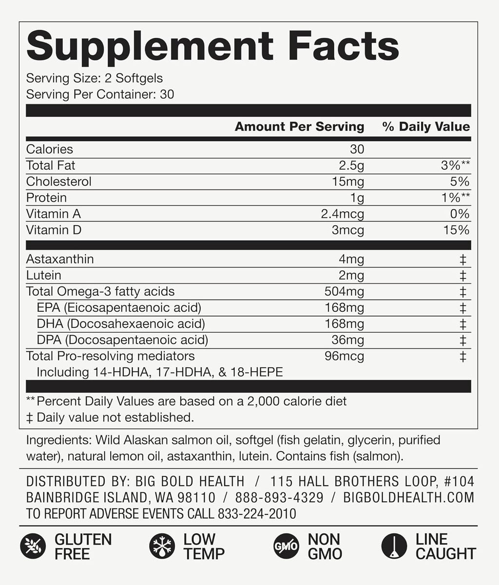 Skin & Eye Health | Wild Alaskan Salmon Oil with Astaxanthin | Lutein | Pro-Resolving Mediators | Vitamins A&D | Gluten-Free | 60 Softgels