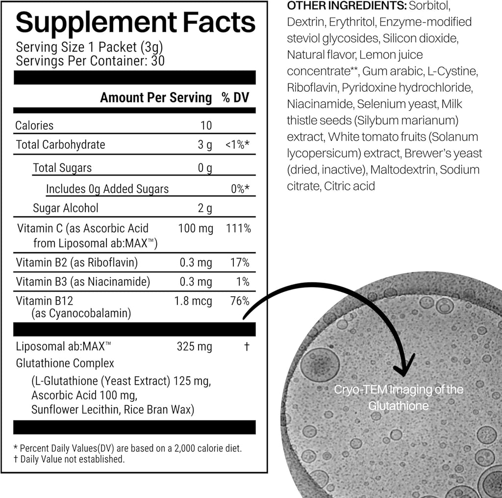 Liposomal Glutathione Powder, 125mg L-Glutathione Sugar-Free Flavored Packets, 100mg Vitamin C, Powerful Antioxidant Supplement for Skin, Beauty Health & Detox Support, 30 Packets - Lemon