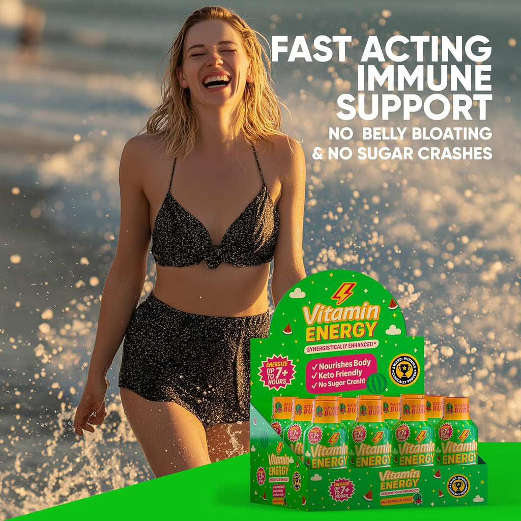 Vitamin Energy Immune+ Extra Strength Energy Shot Watermelon Burst 12 Pack, 260mg Natural Caffeine, B-Vitamins, Citicoline, Green Tea, Immunity & Focus Support, Zero Sugar, Gluten-Free 1.93 fl oz