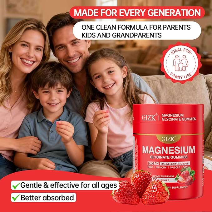 Magnesium Glycinate Gummies 500mg – Sugar Free Magnesium Gummies with L-Theanine - Sleep, Calm, Stress Relief for Adults & Kids 4+, Vegan, No Melatonin (Strawberry Flavor, 60 Count)