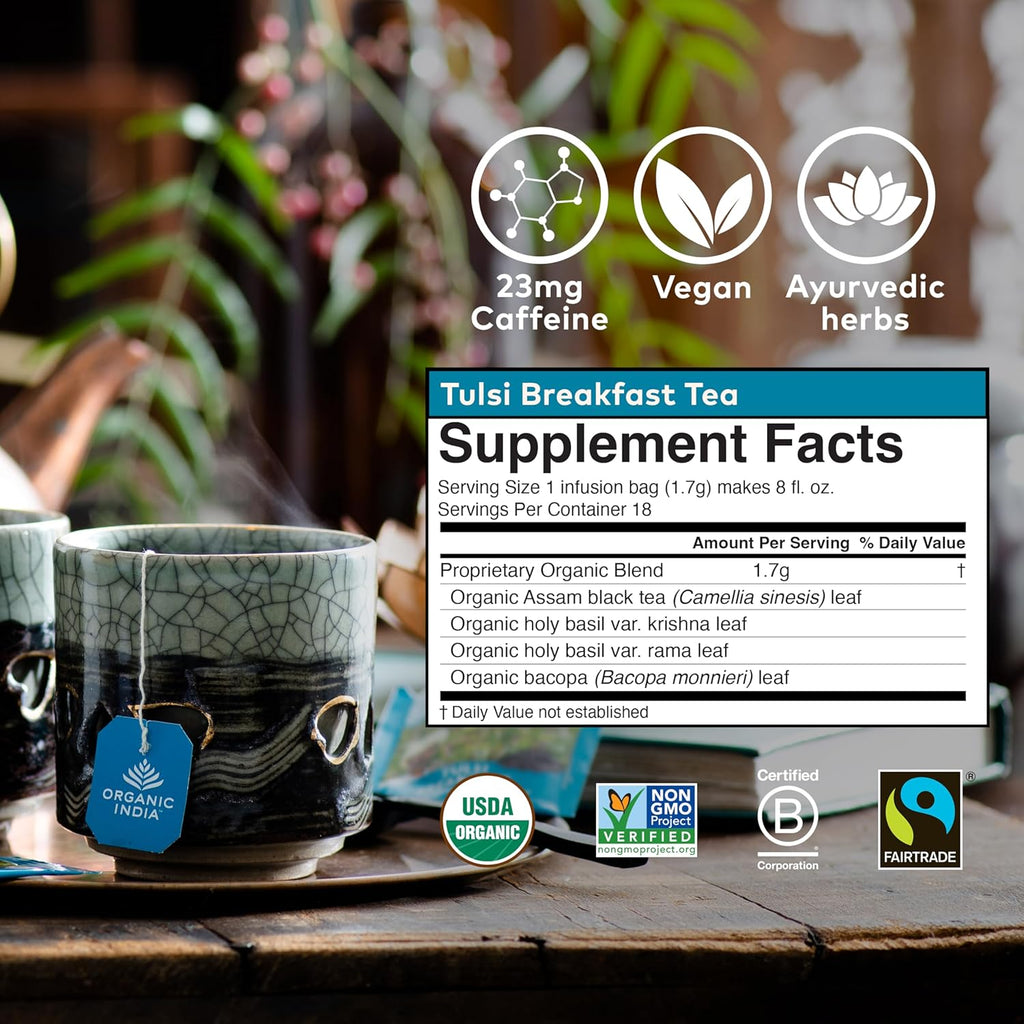 ORGANIC INDIA Tulsi Breakfast Herbal Tea - Black Tea, Holy Basil, Relieve Stress & Energize, Immune Support, Adaptogen - Vegan, USDA Certified Organic, Non-GMO, Caffeinated - 18 Infusion Bags, 6 Pack