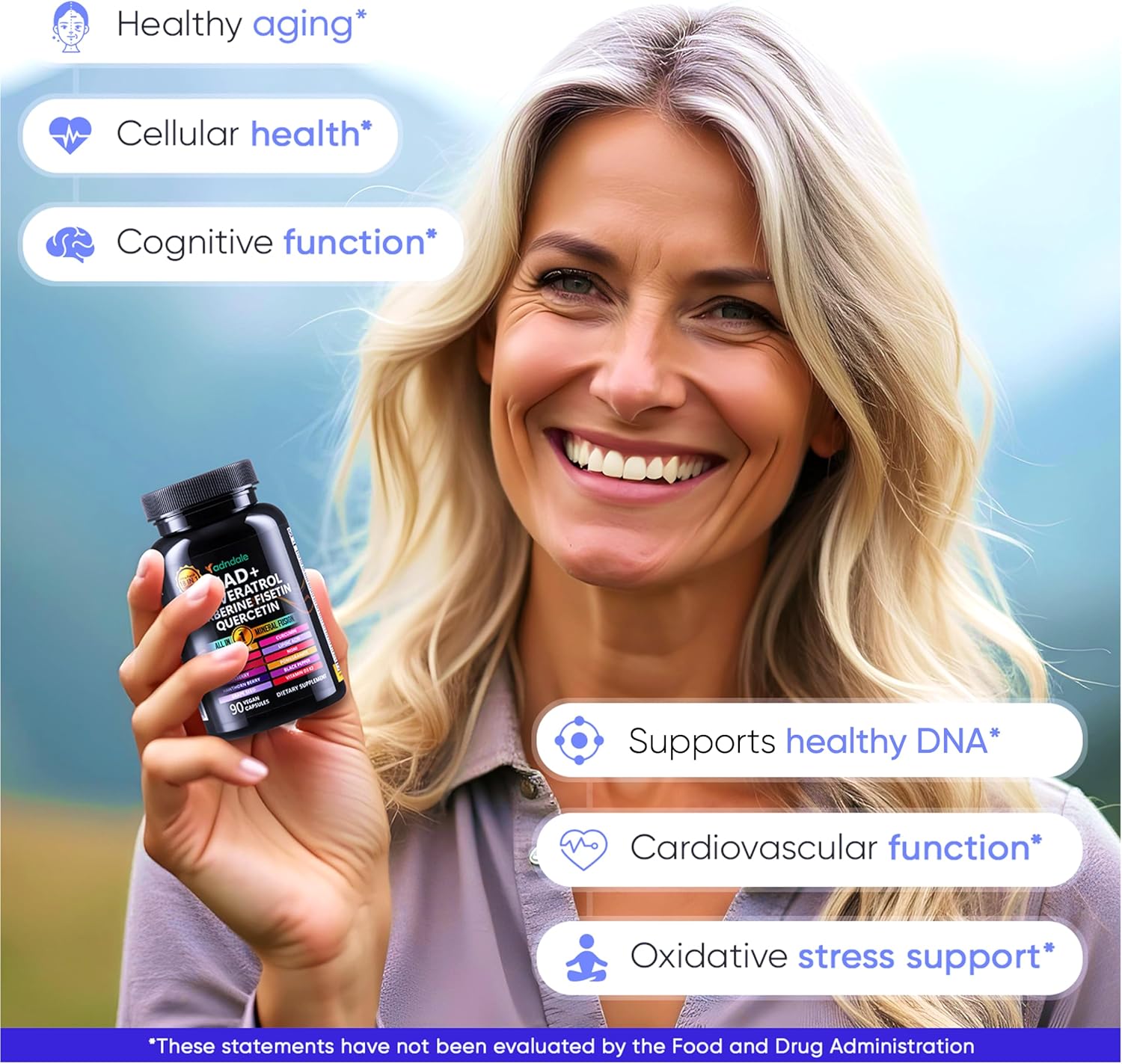 Adndale NAD Supplement. Longevity Formula with Liposomal NAD+, Trans Resveratrol, Quercetin, Berberine, Betaine Anhydrous, Grape Seed, Fisetin. NAD Resveratrol Supplement with Berberine 90 Capsules.