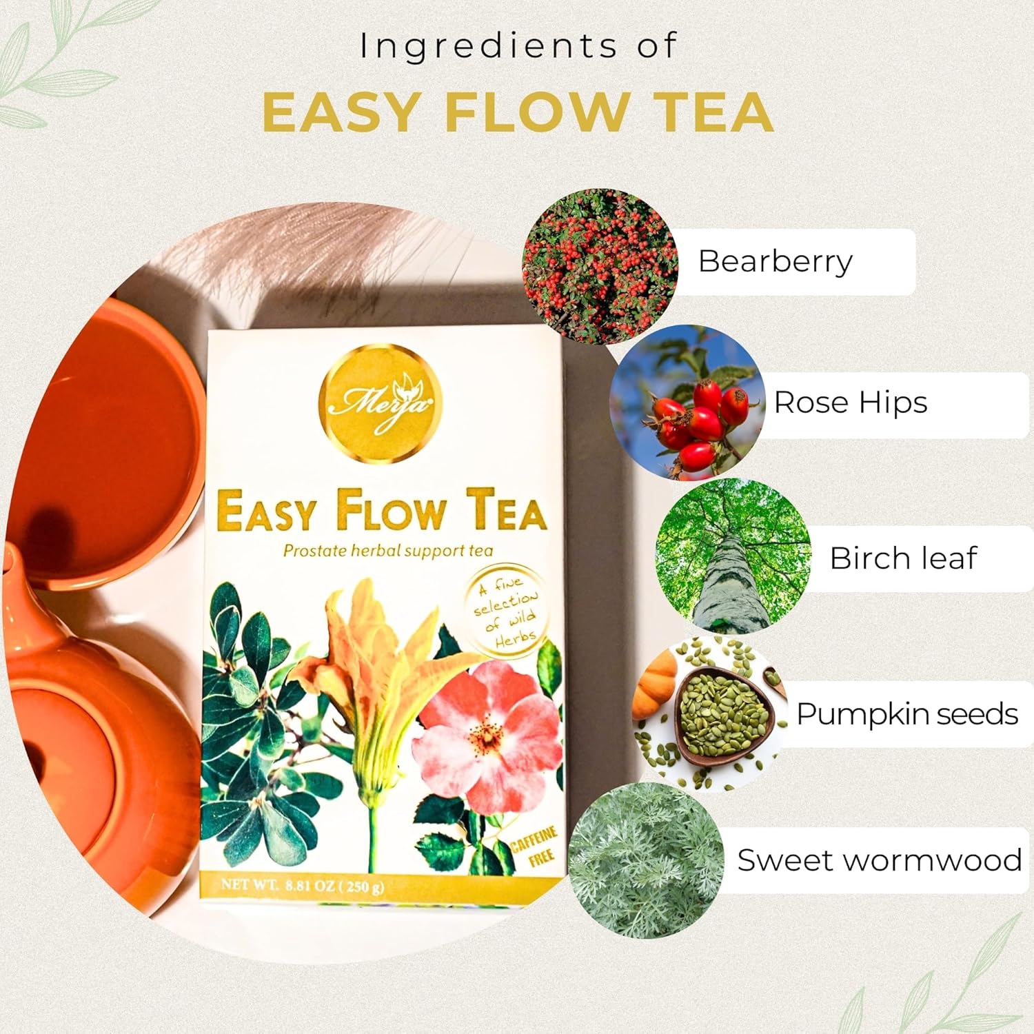 Merja Herbs Easy Flow Tea - For Prostate Support - Mediterranean Loose - Caffeine Free - 100% Natural & Premium Quality 250gr 8.82 oz