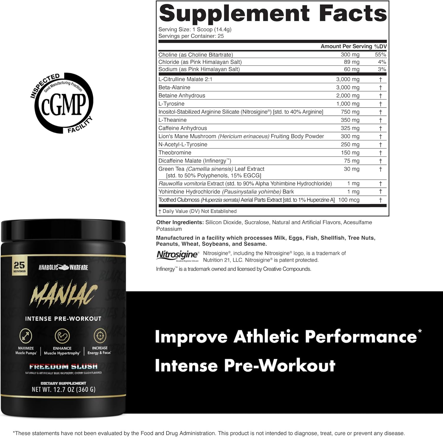 Anabolic Warfare Black Series Maniac, Pre-Workout Powder, Supports Nitric Oxide, Increase Muscle Pumps, Support Protein Synthesis*, Freedom Slush 20 Servings