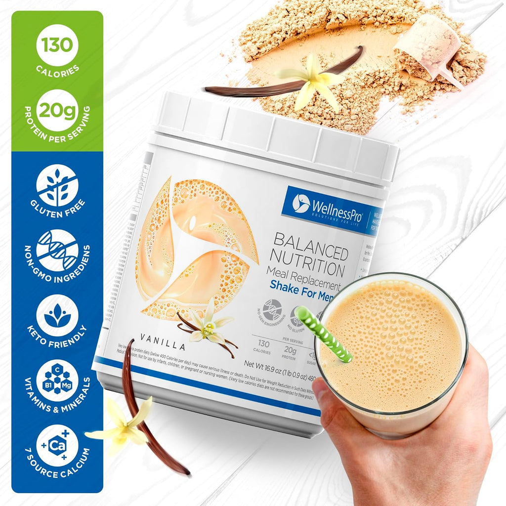 WellnessPro Mens Balanced Nutrition Meal Replacement Shake, Shake & Smoothie Powder Specific Formula for Men, 15 Servings, Vanilla Flavor, Gluten Free, 20g Protein Per Serving