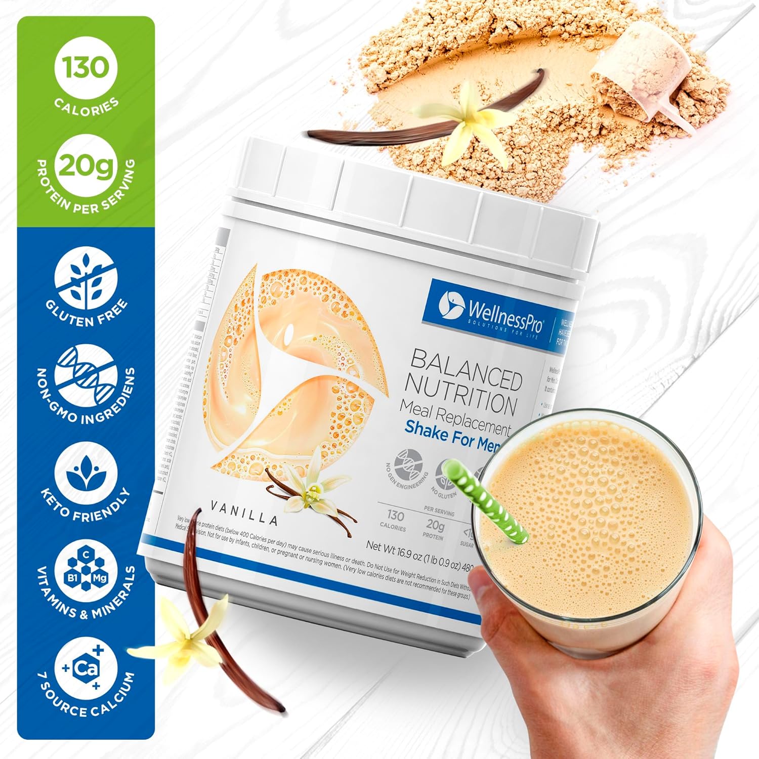 WellnessPro Mens Balanced Nutrition Meal Replacement Shake, Shake & Smoothie Powder Specific Formula for Men, 15 Servings, Vanilla Flavor, Gluten Free, 20g Protein Per Serving