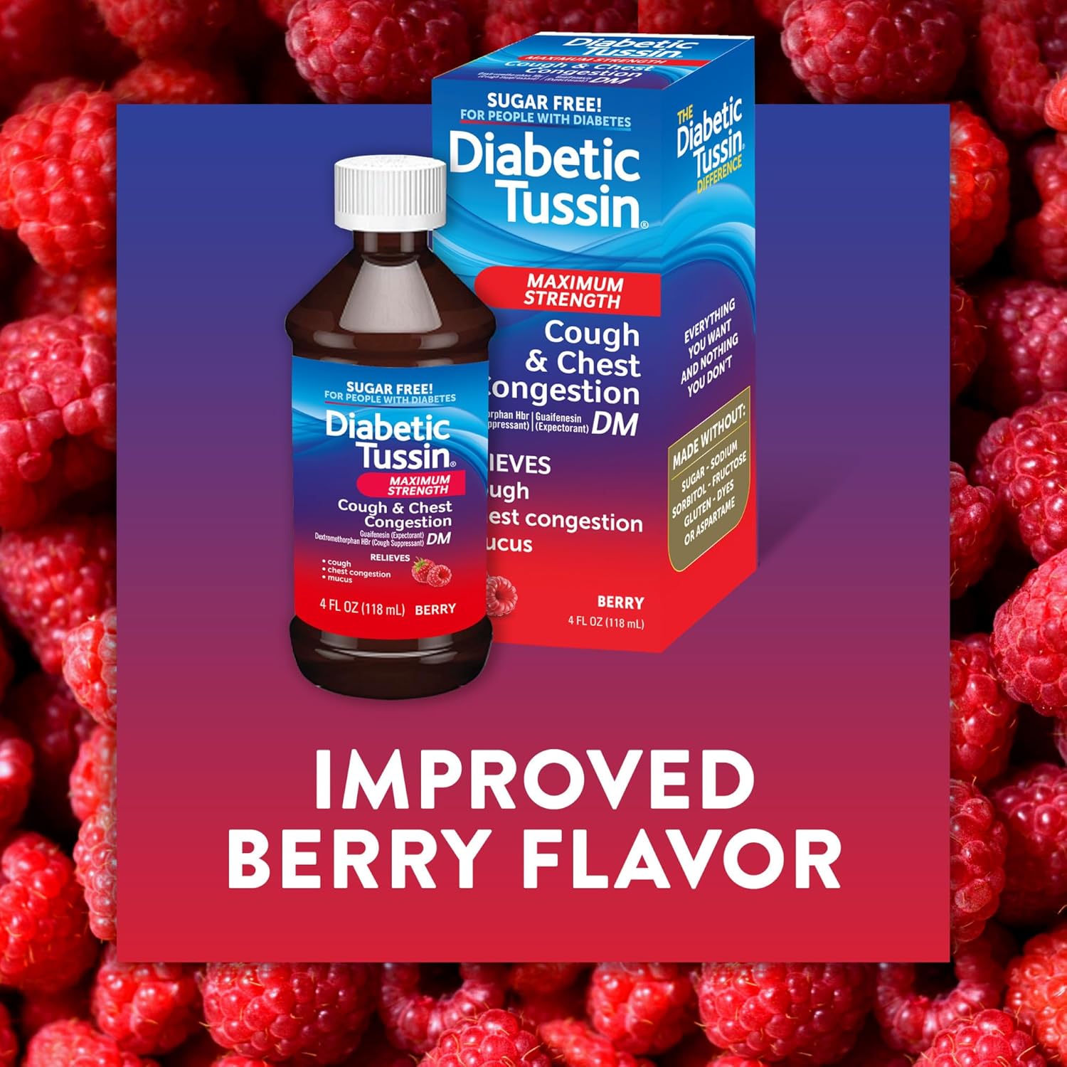 Diabetic Tussin DM Maximum Strength Cough Medicine for Adults, People with Diabetes – No Sugar, Dyes, Sodium, Fructose or Alcohol – Berry Flavored Cough Syrup, 4 Fl Oz, Pack of 3