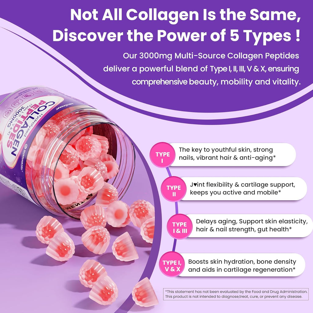 Collagen Gummies for Women & Men 3000mg, Hydrolyzed Collagen Peptides with Antioxidant Blend & Digestive Enzymes, Multi Collagen (Type I,II,III,V,X) for Anti-Aging, Hair, Skin, Nails, Sugar Free,60Cts