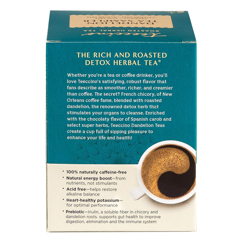 Teeccino Dandelion Tea Sampler - Caramel Nut, Coconut, Dark Roast, Mocha Mint, Red Chai, Turmeric - Roasted Herbal Tea, Caffeine Free & Prebiotic with Detoxifying Dandelion - 12 Tea Bags