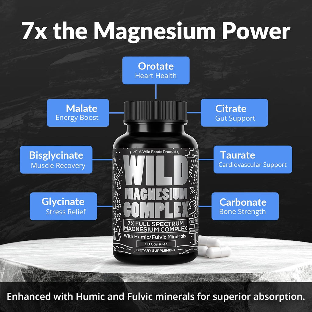 Wild Foods Magnesium Complex Supplement with 7X Forms, 90 Capsules | High Absorption, Full Spectrum, Easy Digestion | 500mg Glycinate, Bisglycinate, Malate, Orotate, Citrate, Taurate