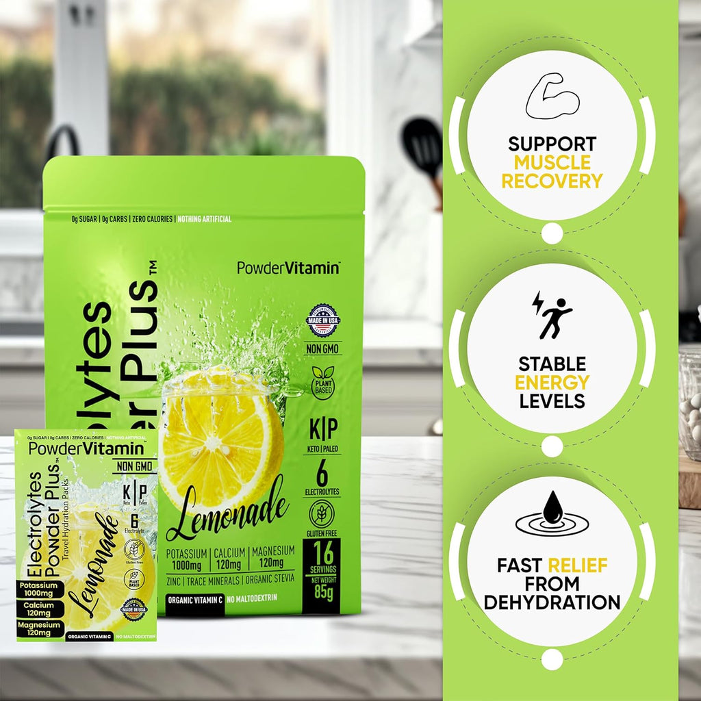 PowderVitamin Electrolytes Powder Plus, Keto, Lemonade, Sugar Free, Pink Himalayan Salt, 1000mg Potassium, 120mg Calcium, 120mg Magnesium, Non-GMO, Zero Calories, (16 Hydration Packets)