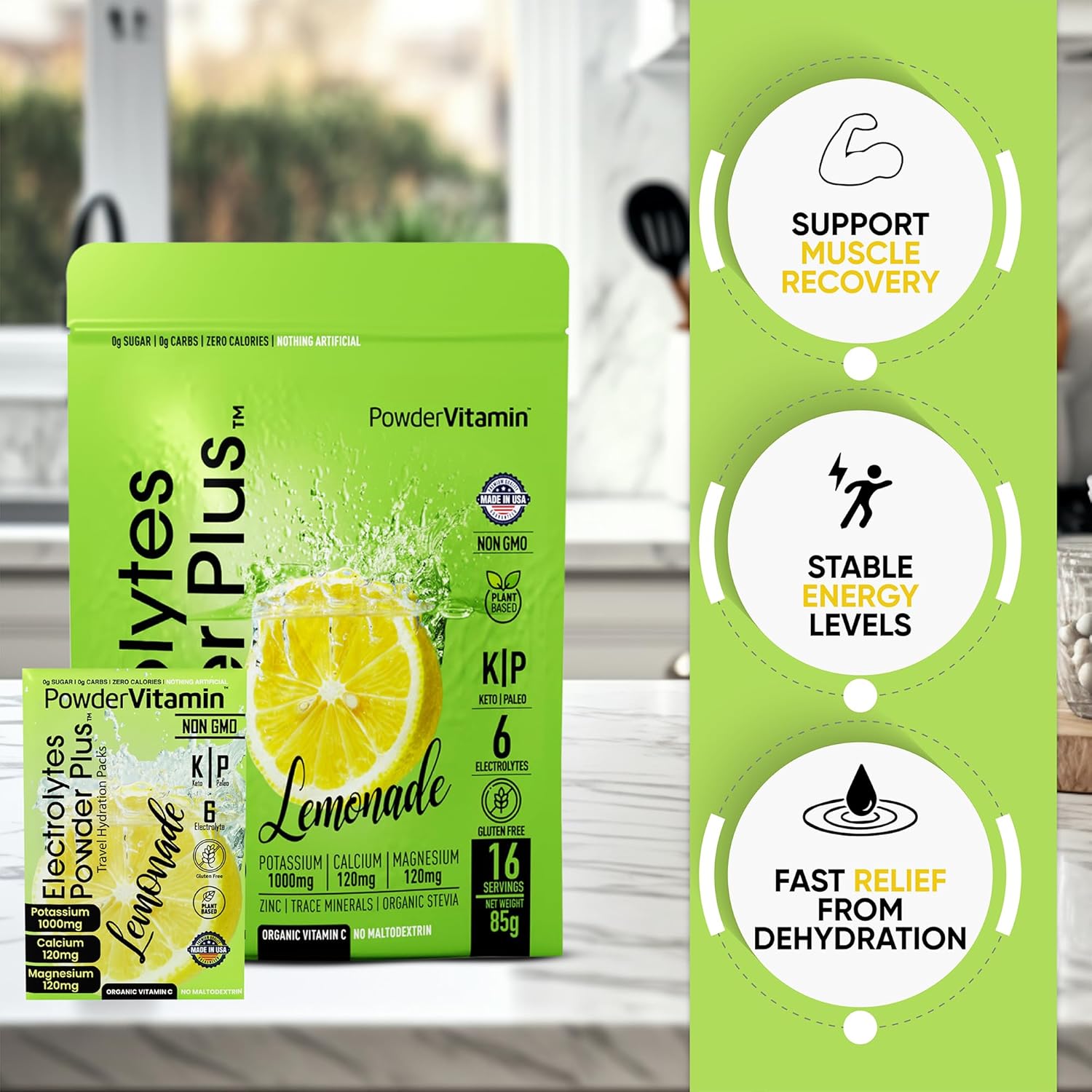 PowderVitamin Electrolytes Powder Plus, Keto, Lemonade, Sugar Free, Pink Himalayan Salt, 1000mg Potassium, 120mg Calcium, 120mg Magnesium, Non-GMO, Zero Calories, (16 Hydration Packets)