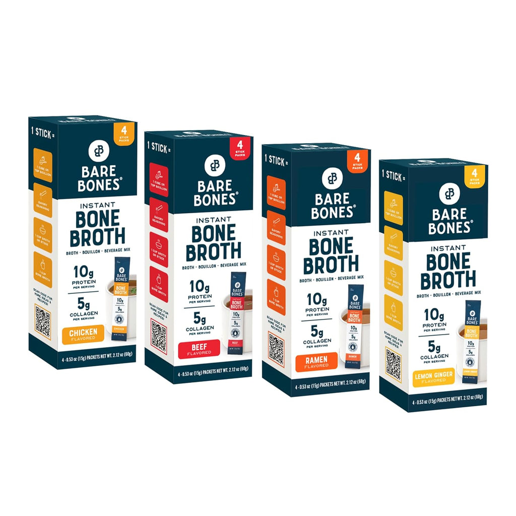 Bare Bones Bone Broth Instant Powdered Mix | 4 Beef 4 Chicken 4 Ramen 4 Lemon Ginger | Non-GMO Gluten-Free Dairy-Free Keto & Paleo Friendly | 15g Sticks 10g Protein | Variety Pack | 16 Pack