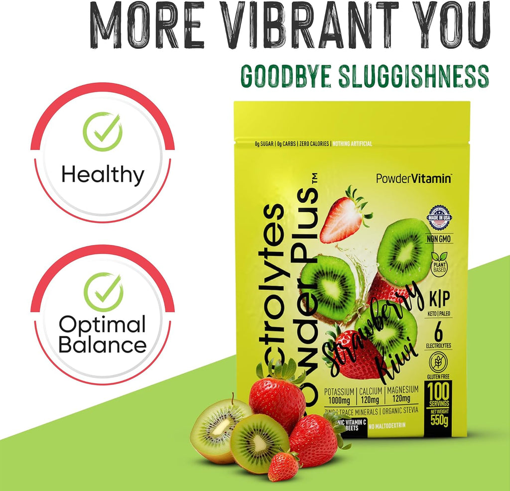 PowderVitamin Electrolytes Powder Plus (100 Servings) Strawberry Kiwi Electrolyte Powder Zero Calorie Keto,0 Sugar, No Maltodextrin,1000mg Potassium,120mg Calcium,120mg Magnesium, Hydration Powder