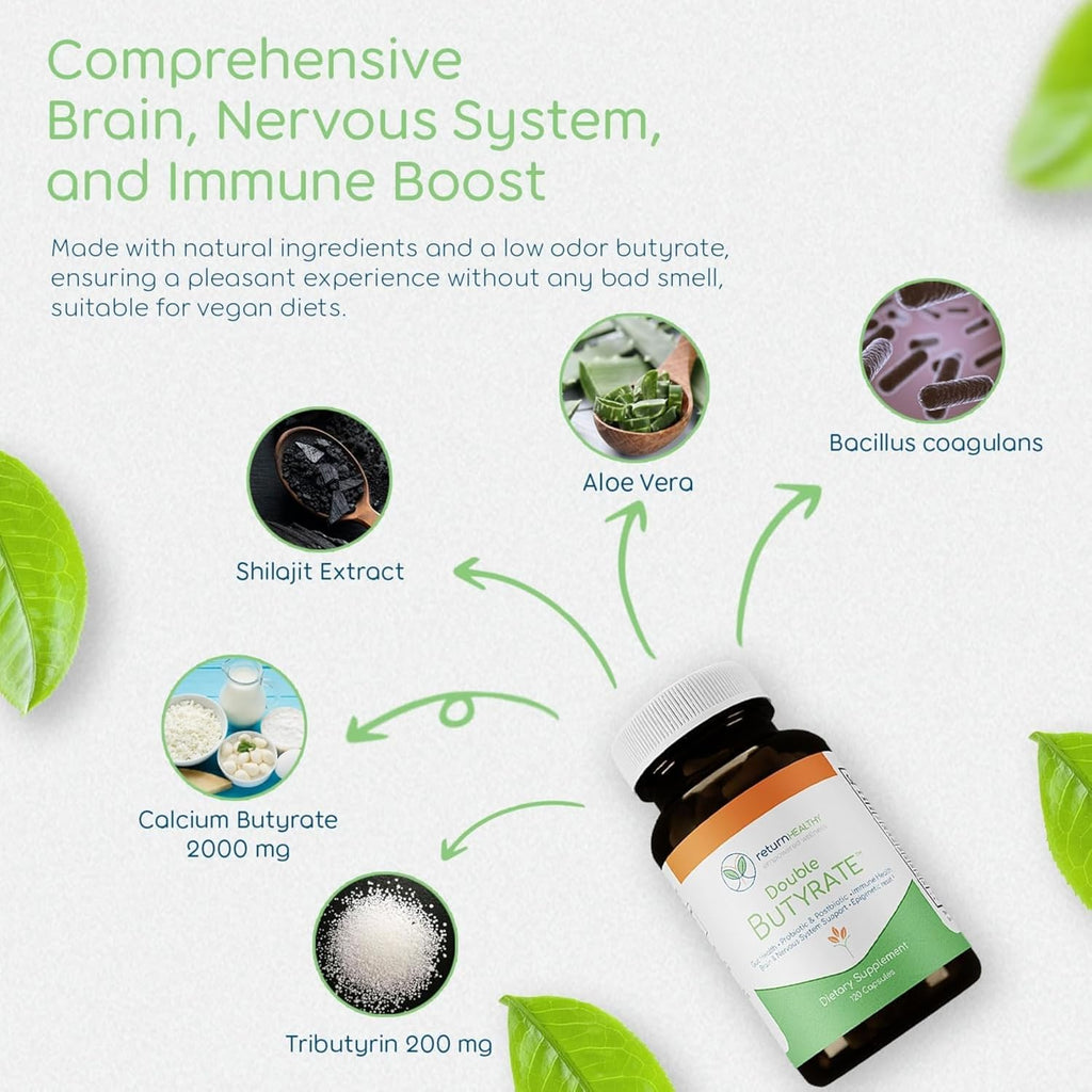 Double Butyrate Gut Health Supplement|Probiotic & Postbiotic Digestive Supplements for Gut Support|Enhances Immune, Brain, & Nervous System Function|Odor-Free Formula | 120 caps, 3 Pack