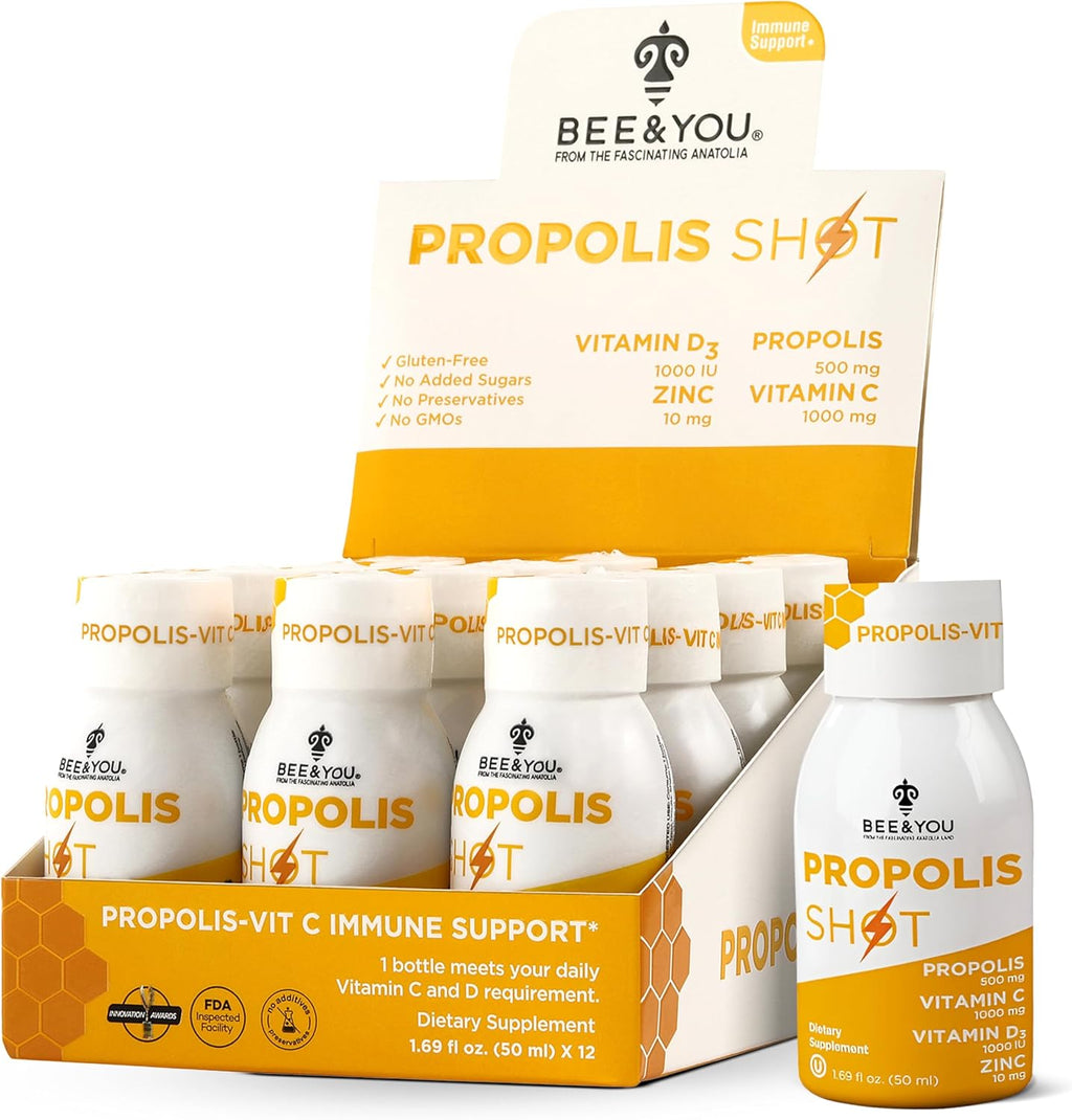BEE and You Immune Support 100% Natural Propolis Shot Supplement, Antioxidants, Vitamin C, VIT D3, Zinc, Orange Juice, Raw Honey, 1.69 fl. oz x 12 Bottles