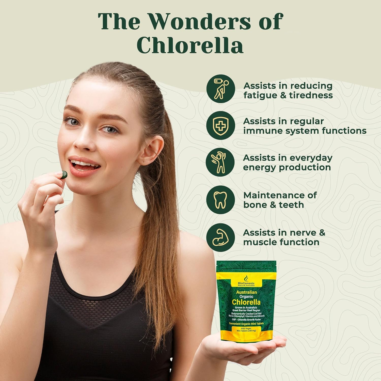 Biogenesis Organic Chlorella Mini Tablets – 1000 Count (200mg) | Australian Grown | Rich in Chlorophyll, Vitamins & Minerals | Supports Energy & Immunity | Vegan Mini Tablets