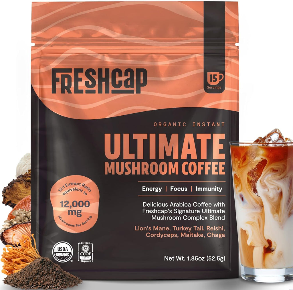 FreshCap Mushrooms Coffee 12,000 mg – Organic Instant Coffee with 6 Adaptogenic Mushrooms & 29% Beta-Glucans – Nootropic for Clean Energy, No Jitters, Focus, Gut Health & Immune Support (15 Servings)