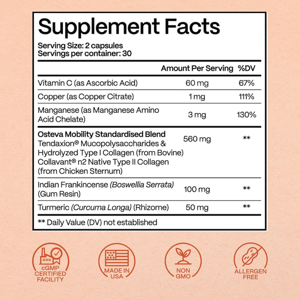 Osteva Joint Support Supplement for Women | High Potency Collagen, Turmeric, Boswellia | for Flexible Cartilage & Tendons, Resilient Knees & Hip, Improved Mobility | Non-GMO, 60 Ct