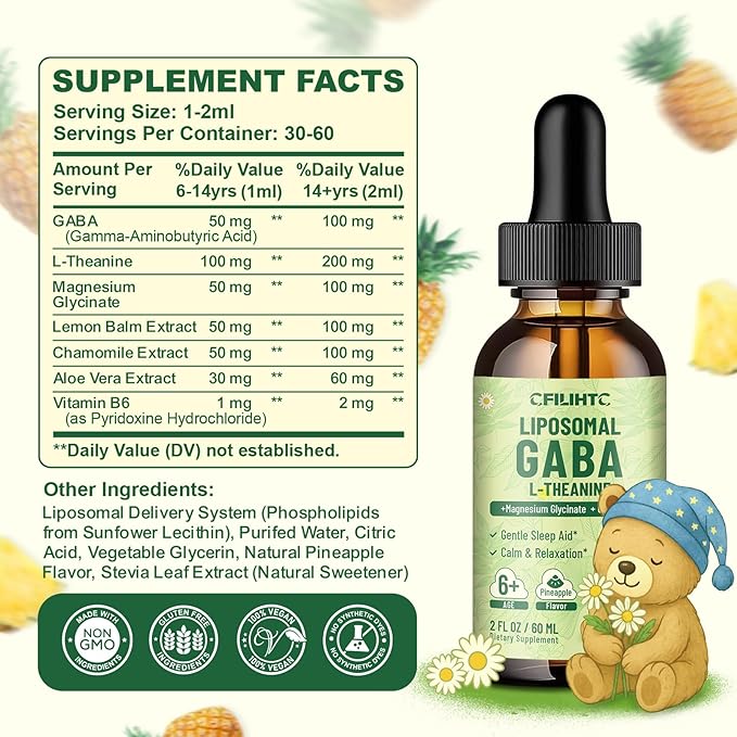2 Pack Liposomal GABA L-Theanine Drops for Kids - Liquid GABA Supplement with Magnesium, Chamomile, Lemon Balm & Vitamin B6 - Support Relaxation, Focus & Stress Relief for Kids & Adults - Pineapple