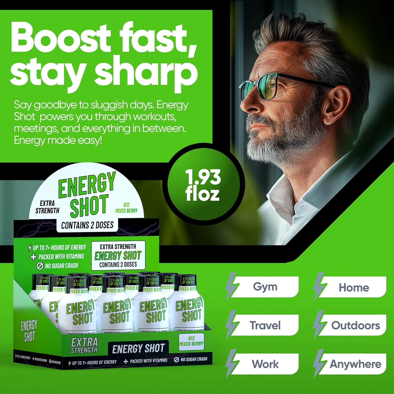 B12 Mixed Berry Extra Strength Energy Shot 8 pk – 260mg Natural Caffeine B12 B6 – Energy & Vitality Support – 2 Servings Sugar Free Zero Calorie Green Tea B-Vitamins Electrolytes Vegan – 1.93 fl oz