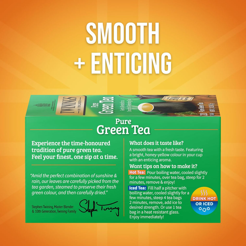 Twinings Pure Green Tea Individually Wrapped Bags, 20 Count (Pack of 6), Smooth Flavour, Enticing Aroma, Caffeinated, Enjoy Hot or Iced, 120 Teabags