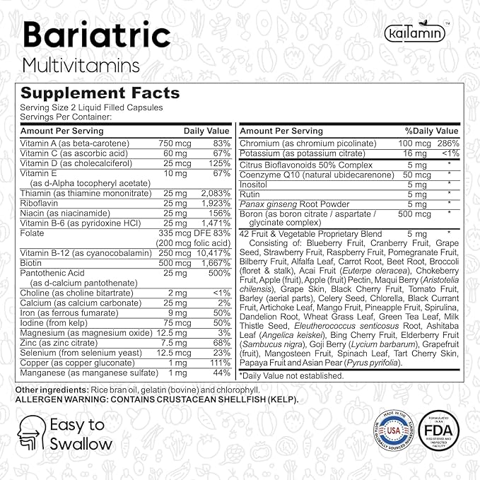 Bariatric Multivitamin with Iron - Easy-to-Swallow Capsule for Post Bariatric Surgery - Post Sleeve and Post Bypass with 42 Fruit & Veggies Blend - 60 Liquid Capsules