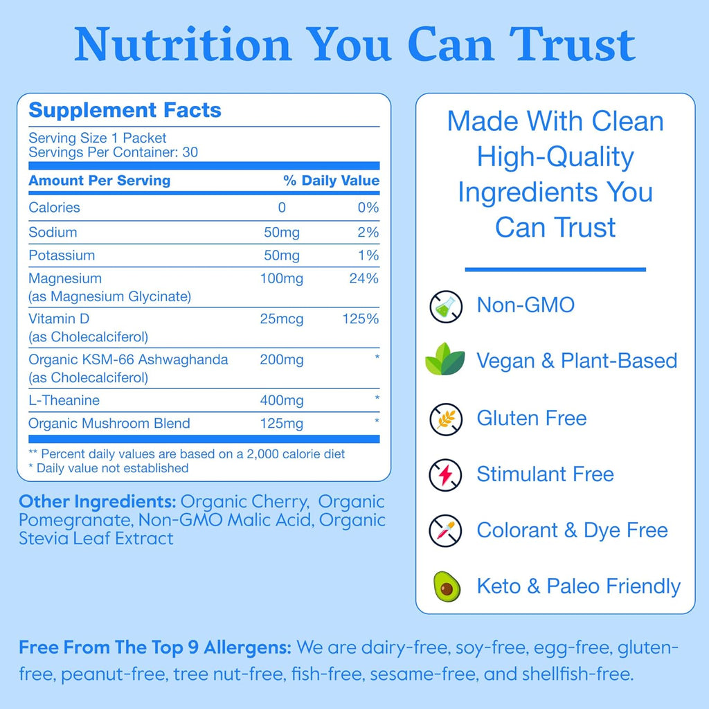 Nectar Calm Magnesium Glycinate Drink Mix - Sugar Free & Zero Calorie - with Organic Ashwagandha, Vitamin D, L-Theanine, Hydrating Electrolytes - Relax, Focus & Calm (Cherry Pomegranate 30 Sticks)