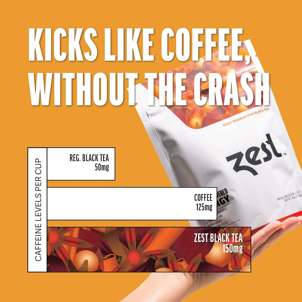 Zest 150mg High Caffeine Energy Loose Leaf Blend - Spicy Masala Chai Black Tea - 4 Oz - All Natural Strong Flavored Healthy Coffee Alternative Highly Caffeinated Substitute - Perfect for Keto Diet
