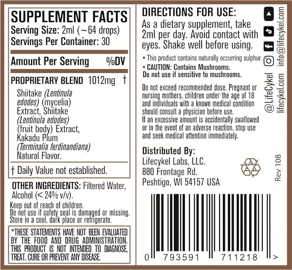 Lifecykel - Shiitake Mushroom Extract with Kakadu Plum- Hair, Skin & Nail Support, Anti Aging Supplement- 100% Organic Mushrooms, Immune Boosting, Vitamin C Made in The US- 2 Fl oz(Packaging May Vary)