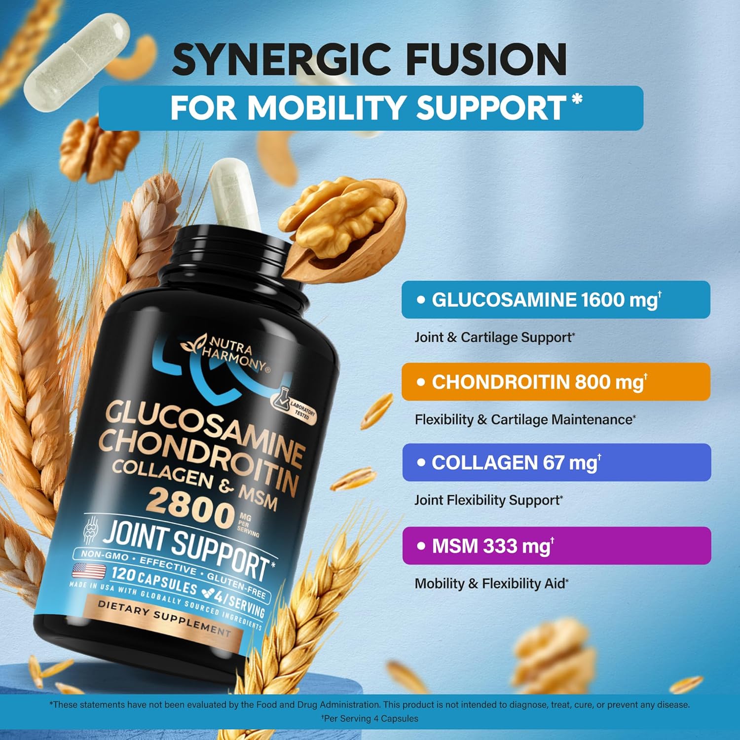 Glucosamine Chondroitin MSM Collagen | FSA HSA Eligible | Joint Support Supplement 2800 mg | Made in USA | FSA Approved Product Items | Flexibility Nutritional Vitamins | For Men & Women, 120 Capsules