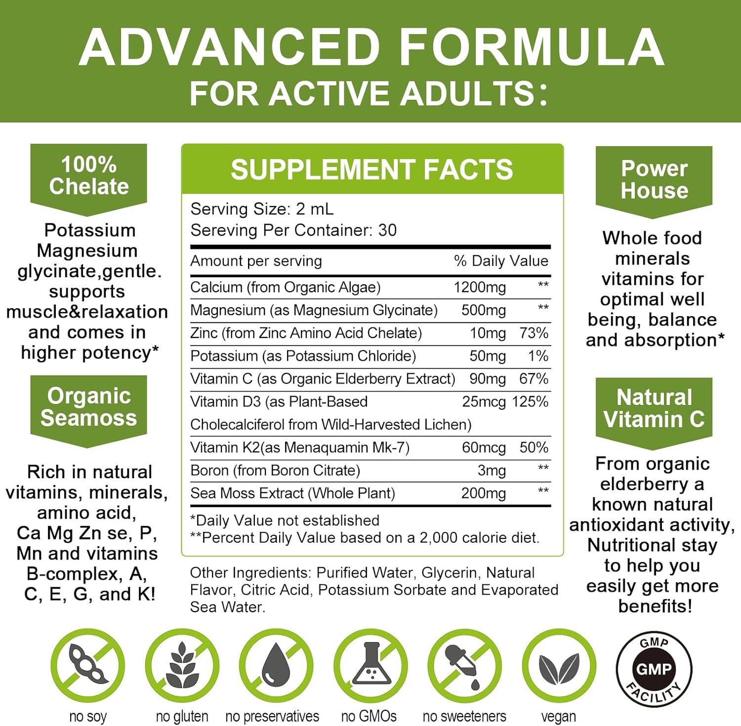 Calcium Magnesium Zinc Liquid with Vitamin D3, Magnesium Glycinate Plus Vitamin C K2| High Absorption Plant Calcium Supplement for Heart & Bone| Gluten Free，Sugar-Free | 30 Servings | Lemon Flavor