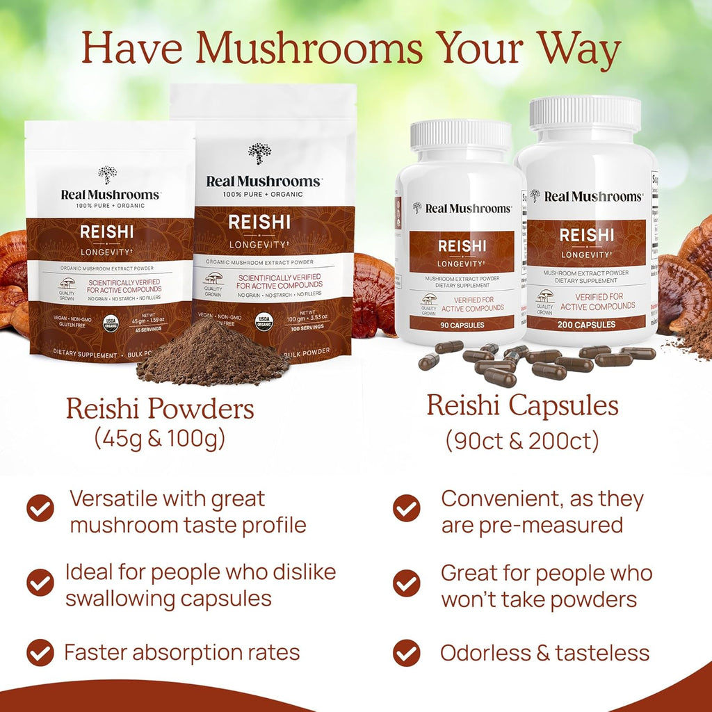 Real Mushrooms Reishi Mushroom Powder - Handpicked Organic Mushroom Extracts - Red Reishi for Tranquil Daily Wellness with Verified Beta Glucans Vegan, Non-GMO, No Grain Fillers, 100 Servings