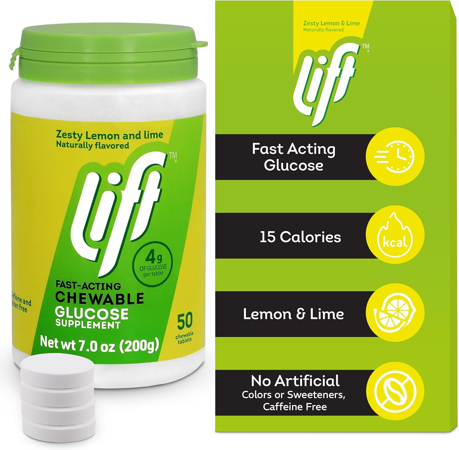 Lift Glucose | Fast-Acting Glucose Chewable Energy Tablets | Lemon & Lime | 50 ct Jar (Pack of 1)