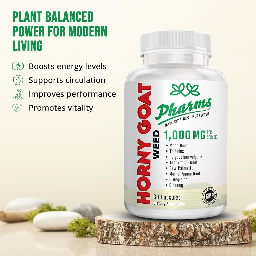 PHARMS Hornygoatweed for Men & Women (1,000 mg) - Energy & Stamina Capsules with Maca Root, Tribulus, Tongkat Ali, Saw Palmetto & Ginseng - Female & Male Performance Enhancing Supplement - 60 Capsules