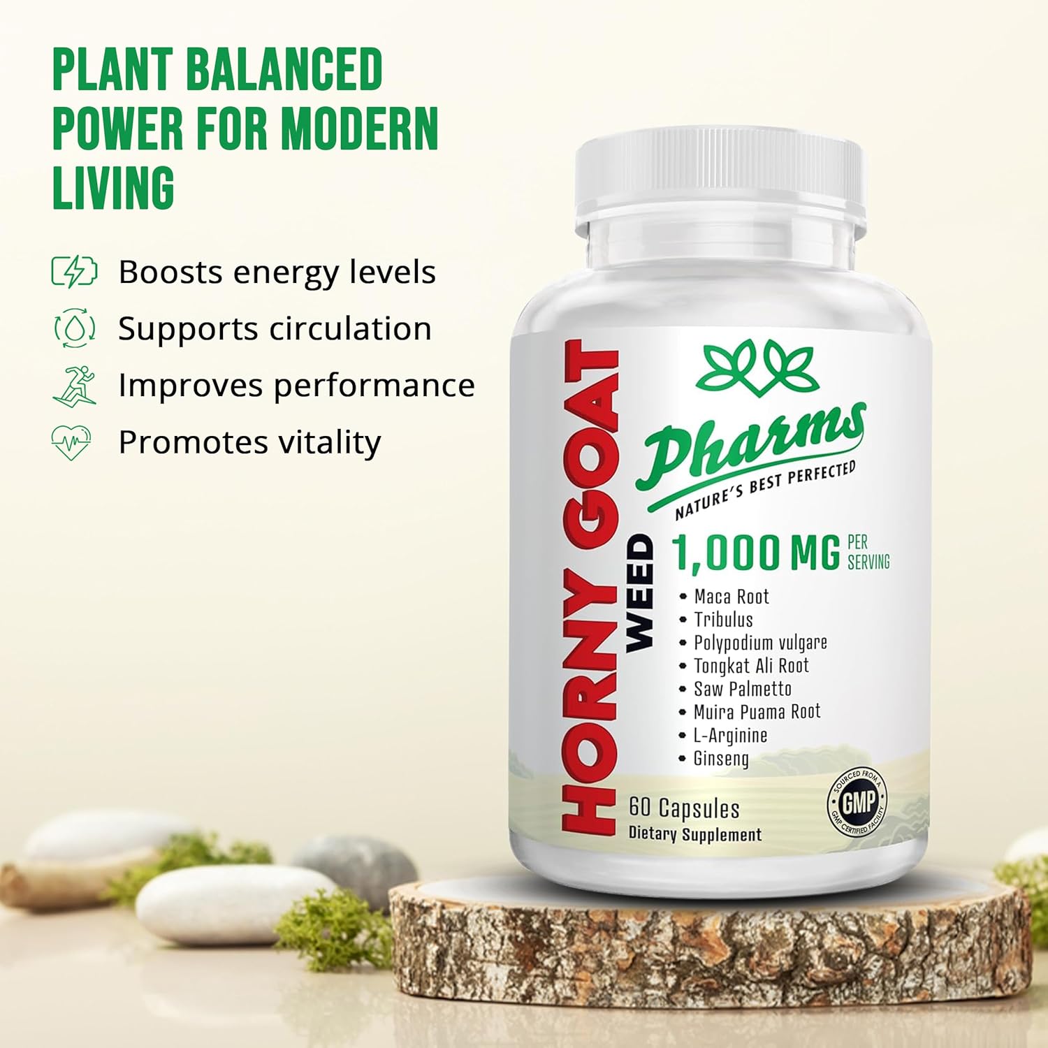 PHARMS Hornygoatweed for Men & Women (1,000 mg) - Energy & Stamina Capsules with Maca Root, Tribulus, Tongkat Ali, Saw Palmetto & Ginseng - Female & Male Performance Enhancing Supplement - 60 Capsules