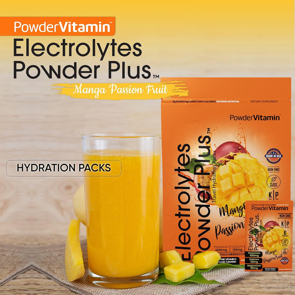 PowderVitamin Electrolytes Powder Plus, Keto, Mango Passionfruit, Sugar Free, 1000mg Potassium, 120mg Calcium, 120mg Magnesium, Non-GMO, Zero Calories, 30 Hydration Packets