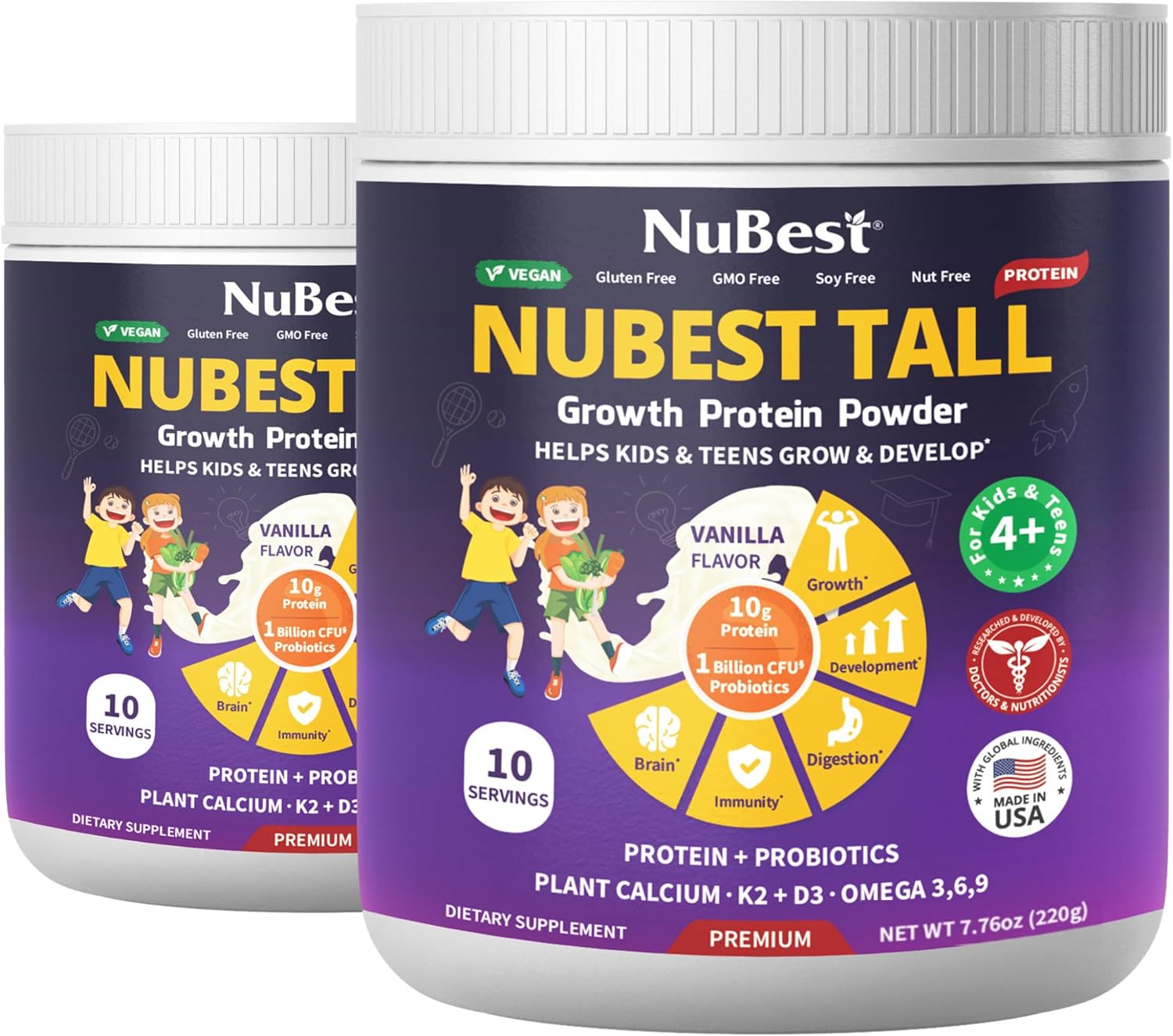 NuBest Tall Protein Powder for Kids & Teens - Vegan Vanilla Protein Powder Shake with Organic Red Algae Calcium, Probiotics, Omega 3-6-9, Vitamin D3 + K2 & Magnesium from Marine Algae - Pack 2