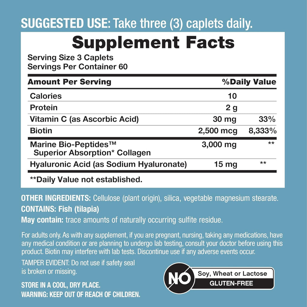 NeoCell Marine Collagen Peptides Supplement | 180 Caplets | with Hyaluronic Acid | Double Strength Formula | Nails, Skin, & Hair