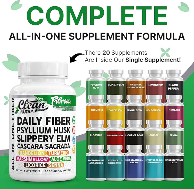 Fiber Supplement Capsules Slippery Elm Psyllium Husk Cascara Sagrada Dandelion Root Turmeric Supplement Aloe Vera Licorice Senna Marshmallow Root Digestive Health Cleanse 90 Pills by Clean Nutra