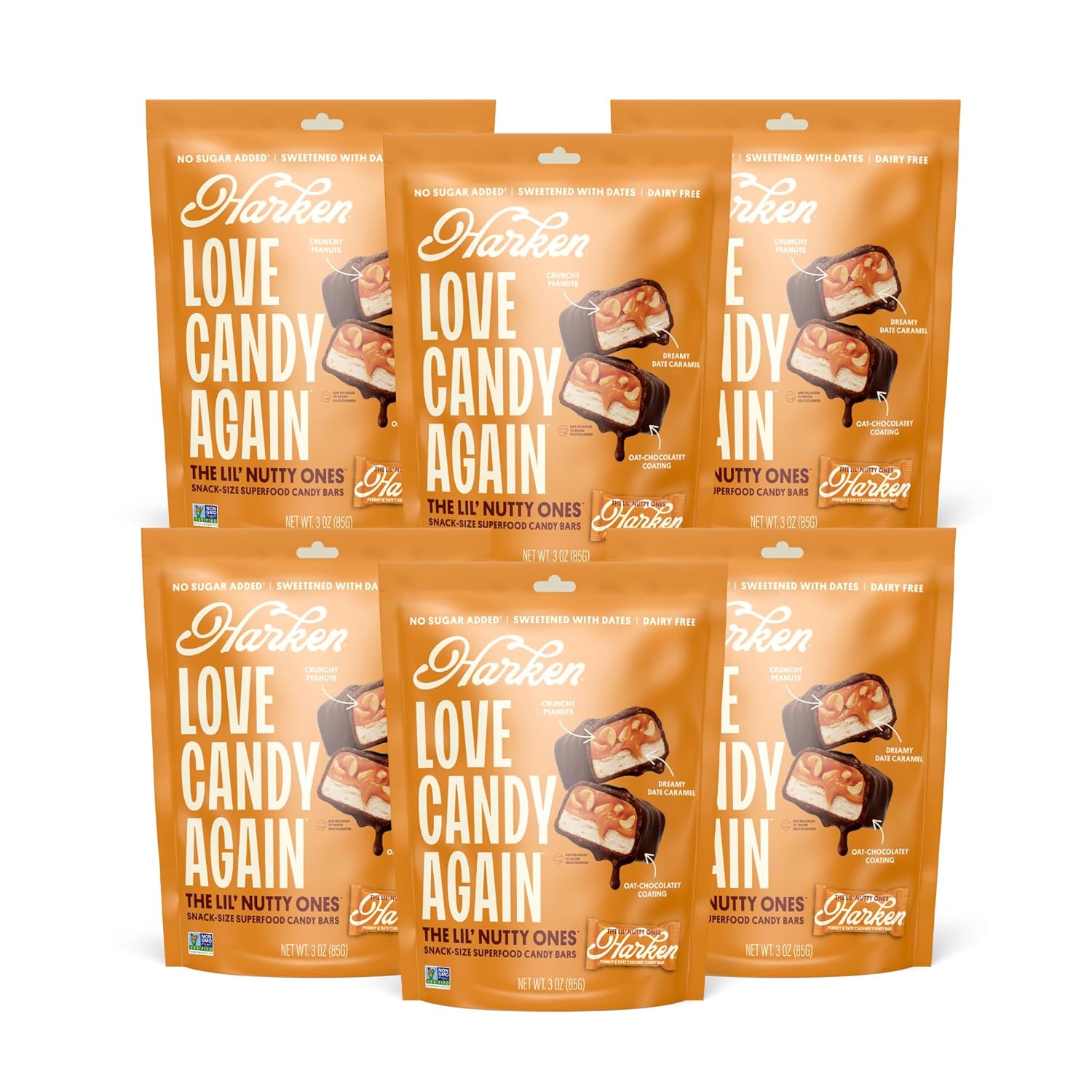 Harken Sweets The Lil’ Nutty Ones, Mini Oat Milk Chocolate Candy Bars with Peanuts, Sweetened with Dates, No Sugar Added, High Fiber, Gluten-Free, Plant-Based, 6 Pouches (30 Bars)