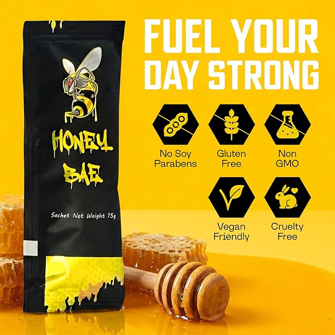Honey Bae Natural Honey Satchets 12 Pack - Supplement for Vitality, Performance & Stamina - 15 Gram Satchet - Herbal Energy Boost for Men