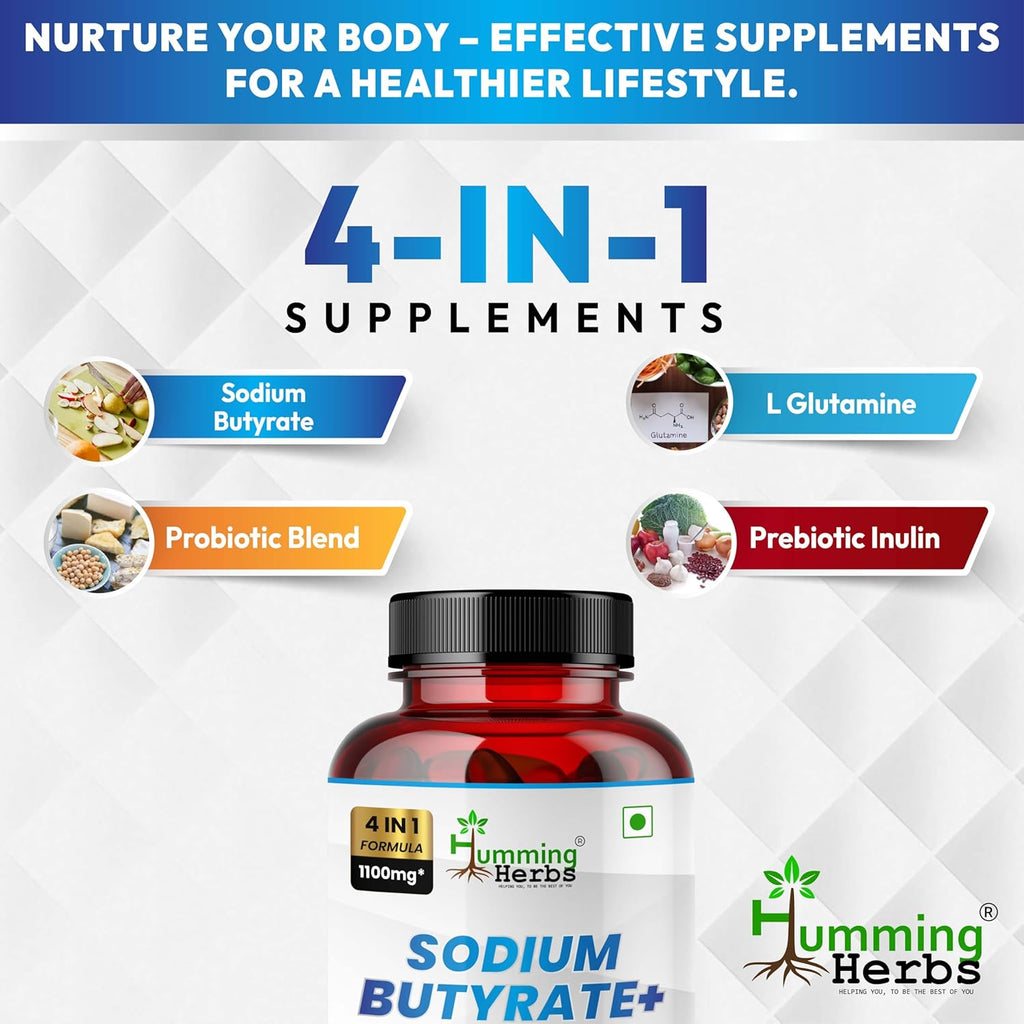 Sodium Butyrate 1100mg per Serving – 120 Capsules with– L-Glutamine, Prebiotic Inulin, Probiotic Blend
