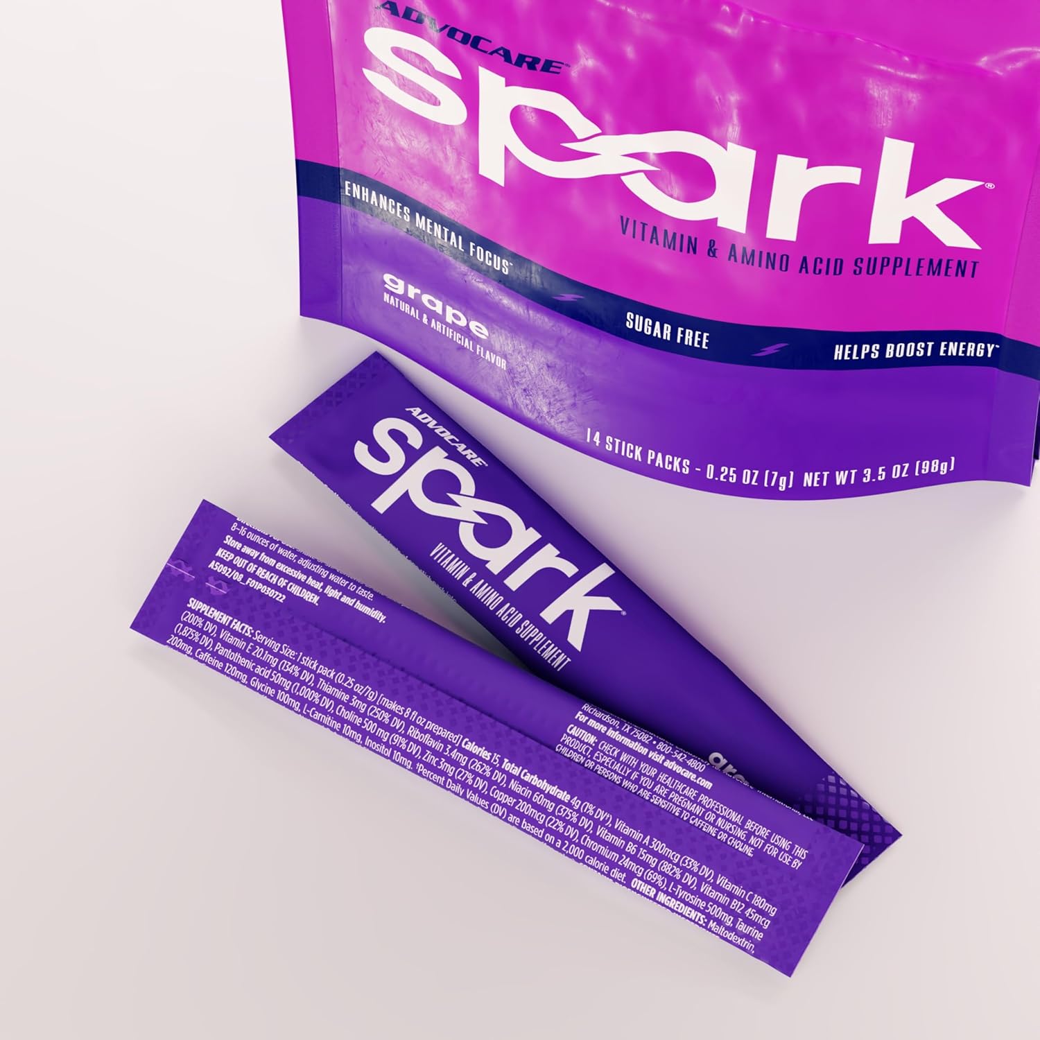 AdvoCare Spark Vitamin & Amino Acid Supplement - Focus & Energy Drink Powder Mix with Vitamin A, B-6, C & E - Also Includes L-Carnitine & L-Tyrosine - Grape, 14 Stick Packs