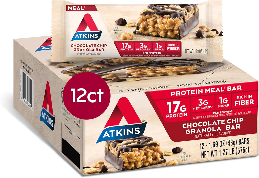 Atkins Chocolate Chip Granola Protein Bar, High Fiber, Low Sugar, 17g Protein, 3g Net Carb, High Protein Bars, Keto Friendly, 12 Count