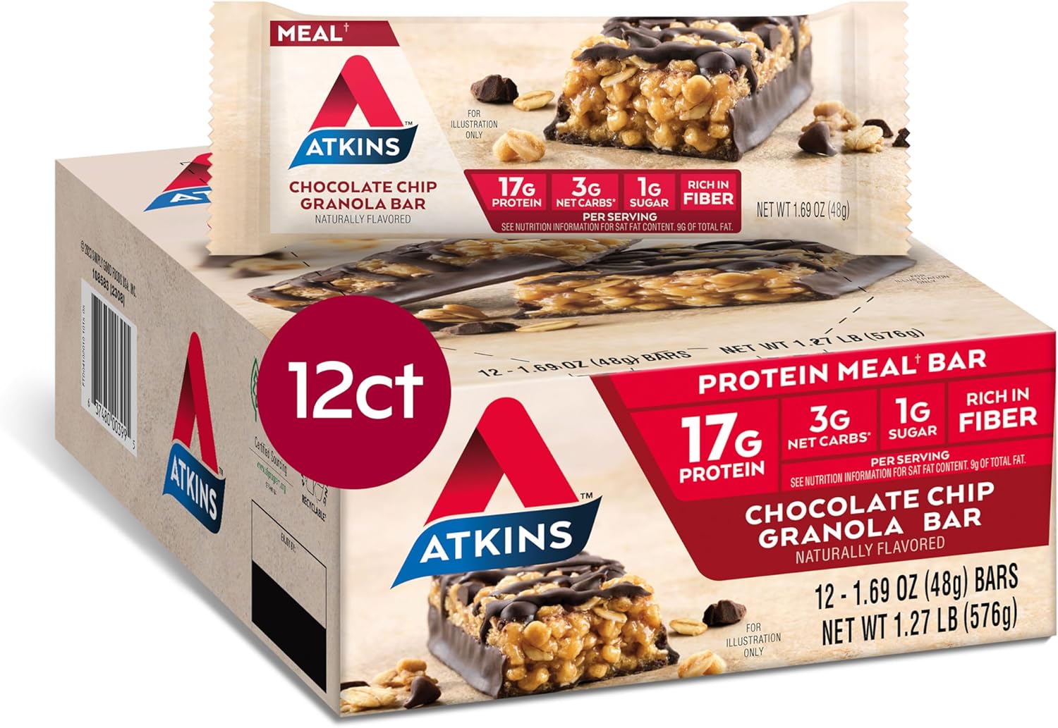 Atkins Chocolate Chip Granola Protein Bar, High Fiber, Low Sugar, 17g Protein, 3g Net Carb, High Protein Bars, Keto Friendly, 12 Count