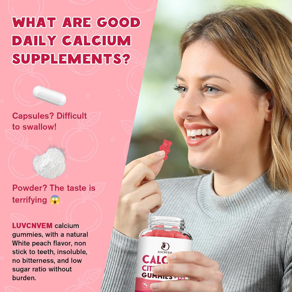 Calcium Citrate 1200mg with Vitamin D3 Gummies, Calcium Gummies with Vitamin D3 for Women & Men, Calcium Magnesium Zinc for Bone Muscle Healthy- Natural White Peach Flavor- 30 Day Supply